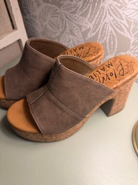 Blowfish Taupe Suede Cork Block Heel Mules